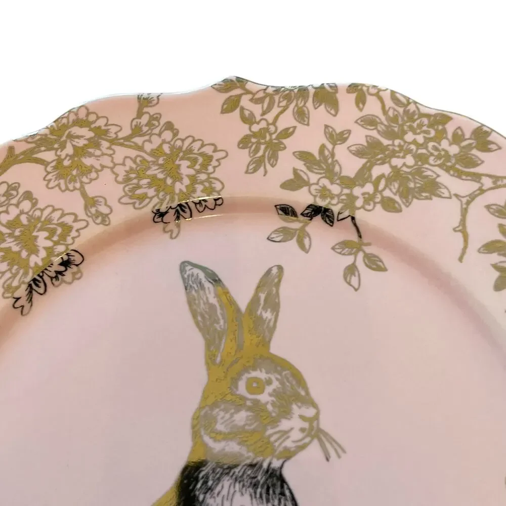 222 Fifth Pink Gold Bunny Hill 10.75” Porcelain Dinner Plates Easter Set/4 New